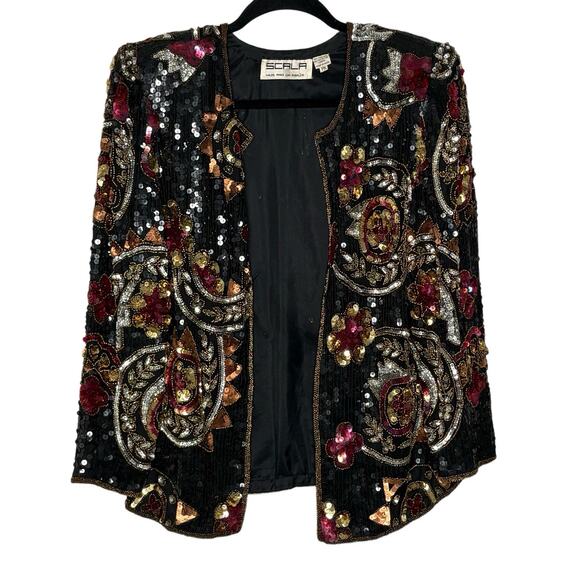 Vintage 90’s Scala Sequined Beaded Silk Jacket Black Gold Pink Size MP - Picture 1 of 7